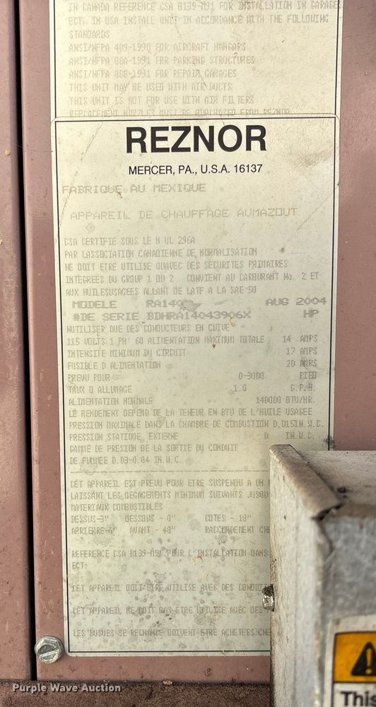 image for item FI1521 2004 Reznor RA140 waste oil heater