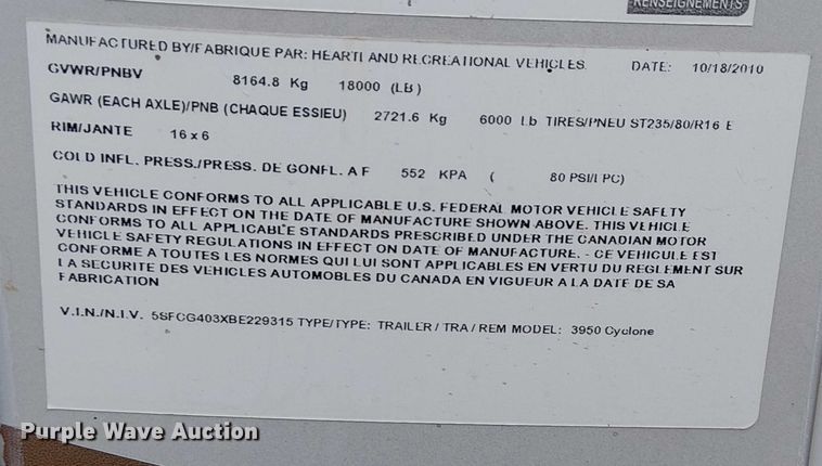 image for item FK0743 2011 Heartland Cyclone HD Edition toy hauler camper