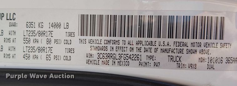 image for item FK0807 2015 RAM 3500 Crew Cab pickup truck