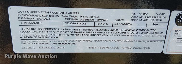image for item FK0857 2013 Load Trail equipment trailer