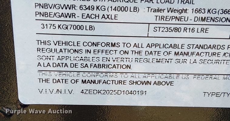 image for item FK0857 2013 Load Trail equipment trailer