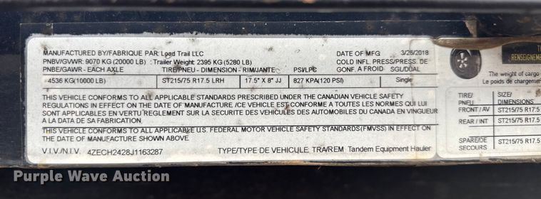 image for item FK0883 2018 Load Trail equipment trailer