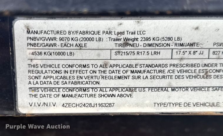 image for item FK0883 2018 Load Trail equipment trailer