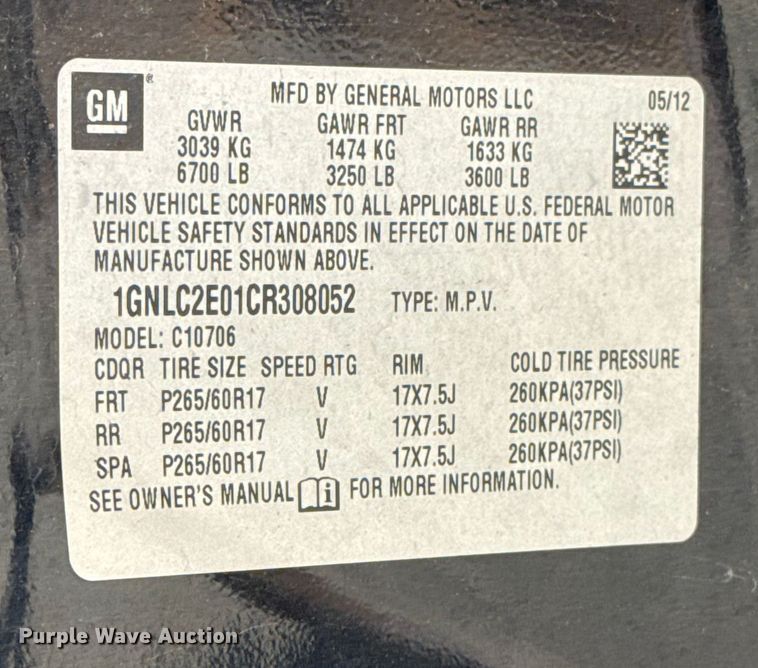 image for item HI9368 2012 Chevrolet Tahoe SUV