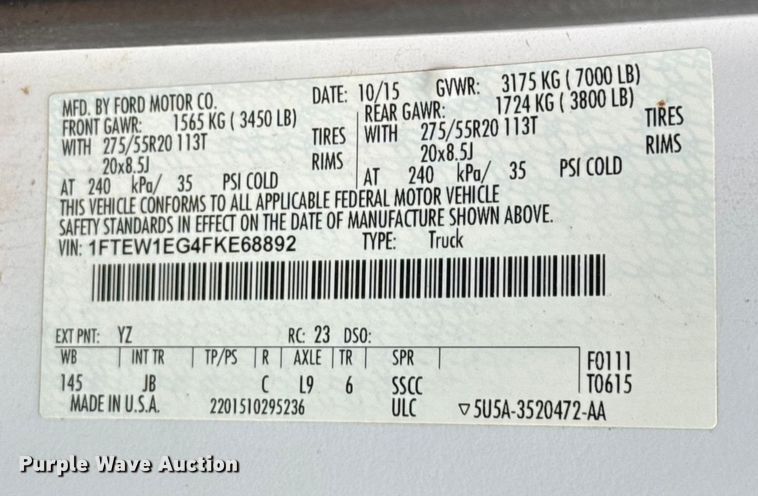 image for item HI9400 2015 Ford F150 SuperCrew pickup truck