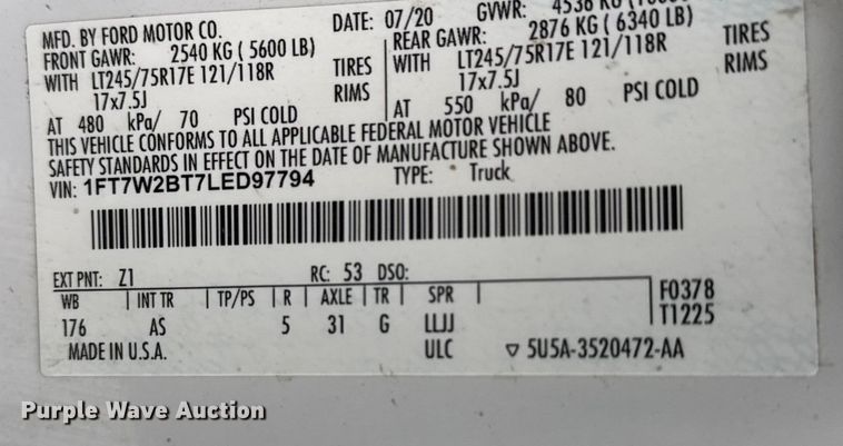 image for item NA9952 2020 Ford F250 Super Duty XL Crew Cab pickup truck