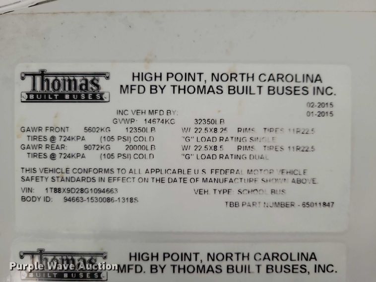 image for item NO9806 2016 Thomas school bus