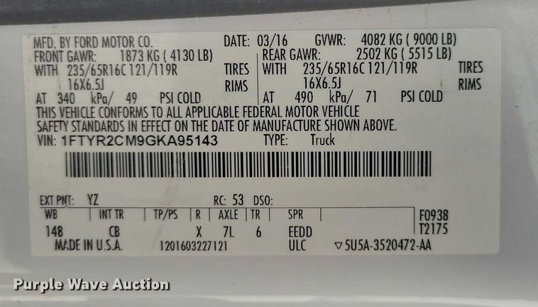 image for item NO9833 2016 Ford Transit 250 van