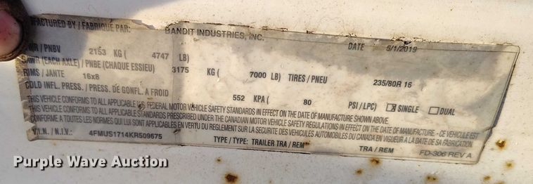 image for item YA1589 2019 Bandit 200UC wood chipper