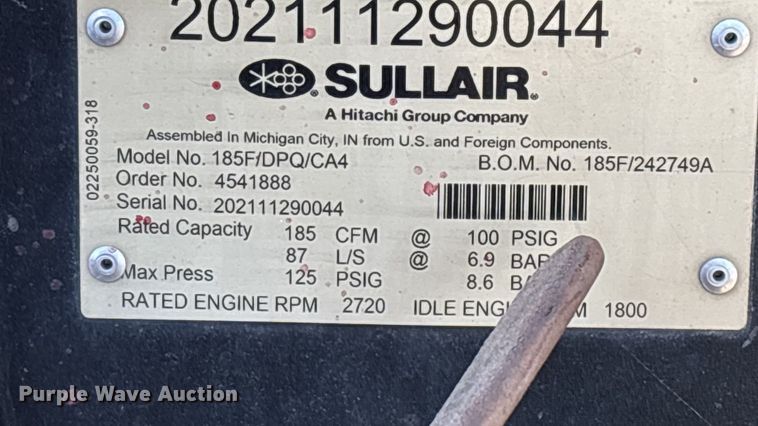 image for item DH8742 2021 Sullair 185F/DPQ/CA4 air compressor