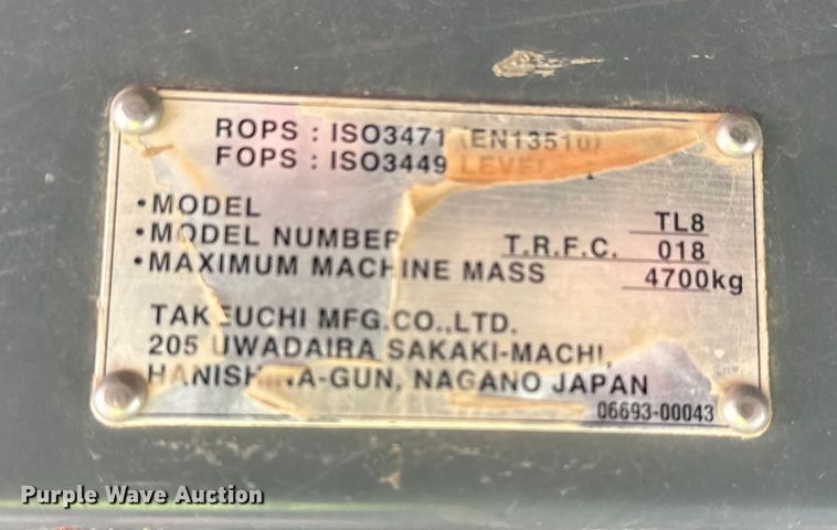 image for item DQ4153 2019 Takeuchi TL8 tracked skid steer loader