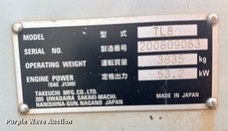 image for item DQ4153 2019 Takeuchi TL8 tracked skid steer loader