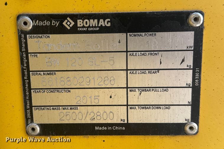 image for item DQ4168 2015 Bomag BW 120 SL double drum vibratory roller