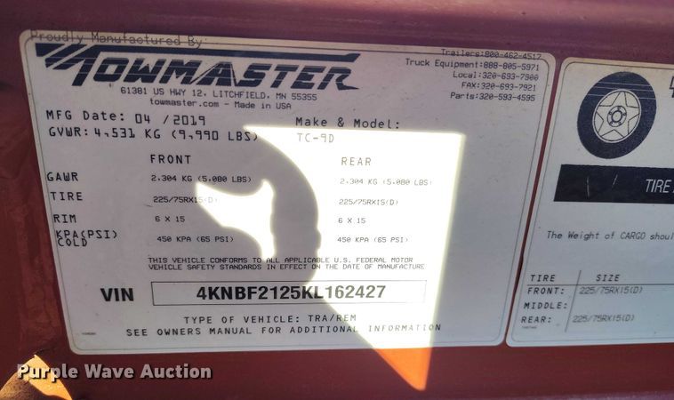 image for item DT0808 2019 Towmaster TC-9D 