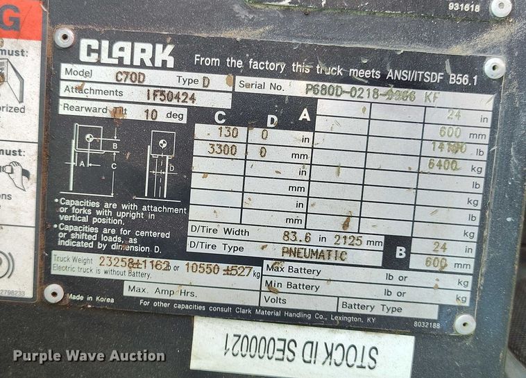 image for item DT0810 Clark C70D forklift