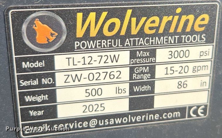 image for item DT4745 2026 Wolverine TL-12-72W skid steer tiller