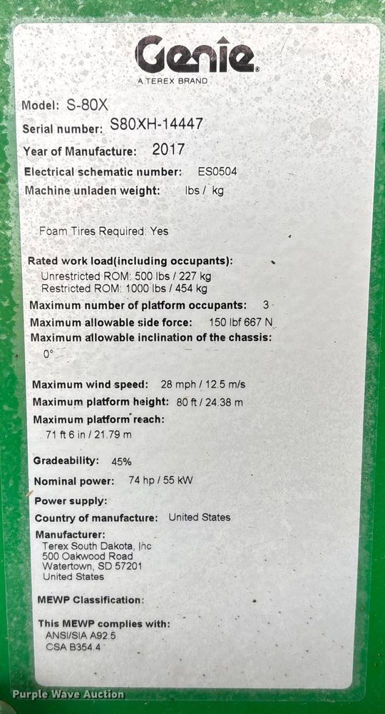 image for item DT4979 2017 Genie S-80x boom lift