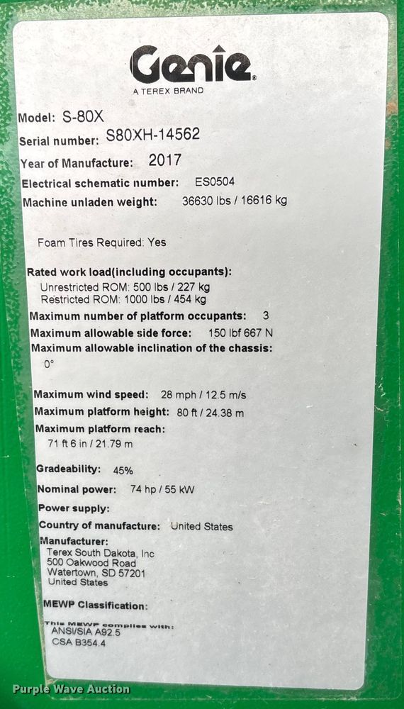 image for item DT4980 2017 Genie S-80X boom lift