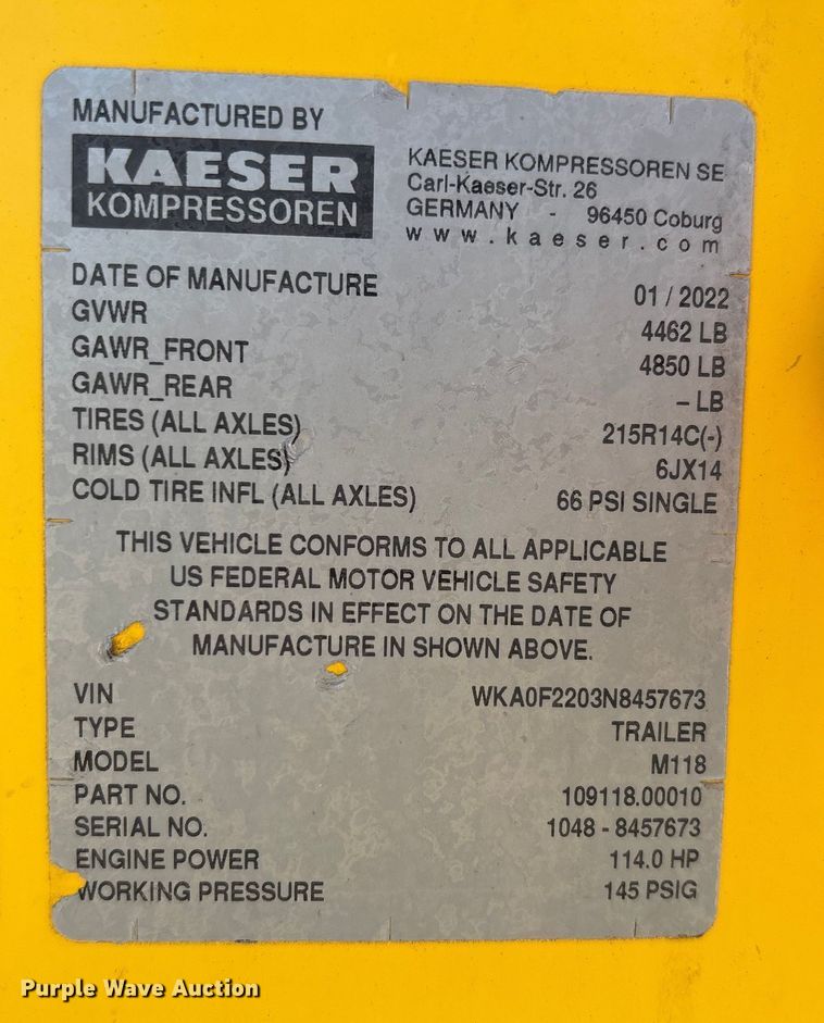 image for item DT4985 2022 Kaeser Mobilair M118 air compressor