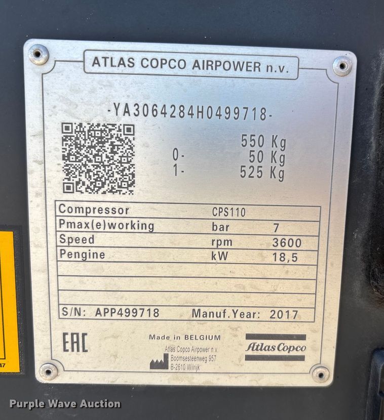 image for item DT4986 2017 Atlas Capco CPS110 air compressor