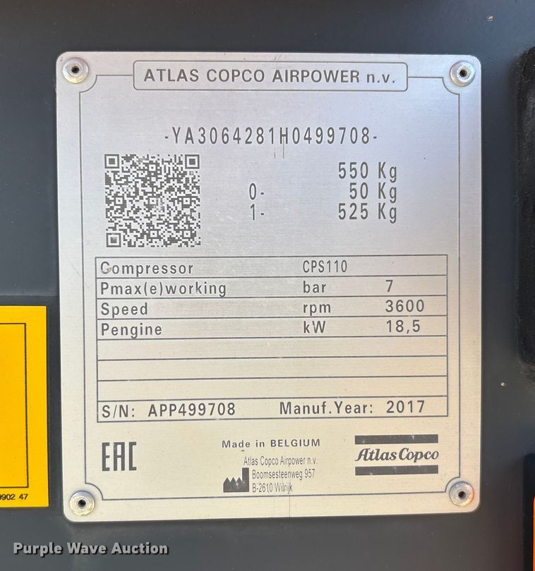image for item DT4987 2017 Atlas Capco CPS110 air compressor