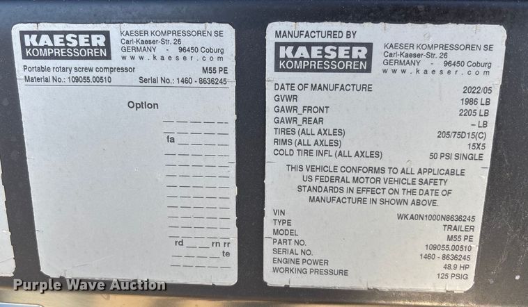 image for item DT4989 2022 Kaeser Mobilair M55 air compressor
