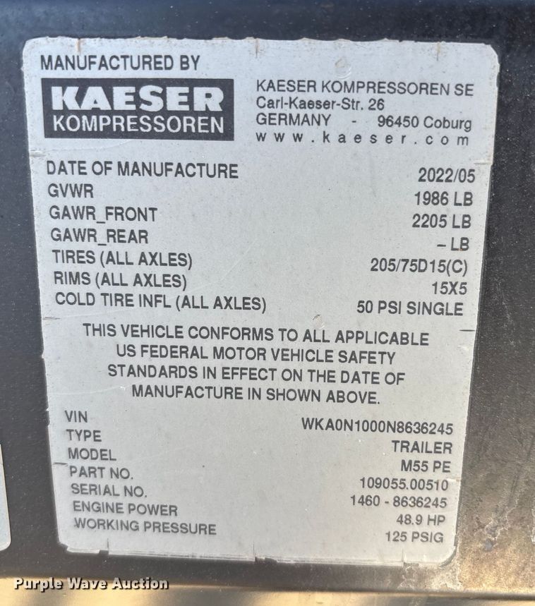 image for item DT4989 2022 Kaeser Mobilair M55 air compressor