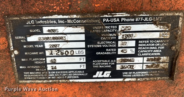 image for item DT6481 2007 JLG 400S boom lift