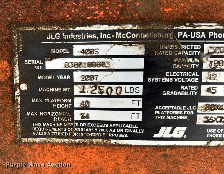 image for item DT6481 2007 JLG 400S boom lift