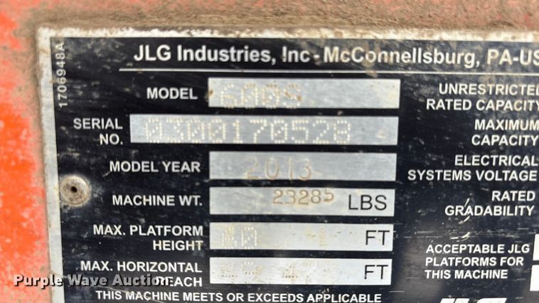image for item DT6485 2013 JLG 600S boom lift