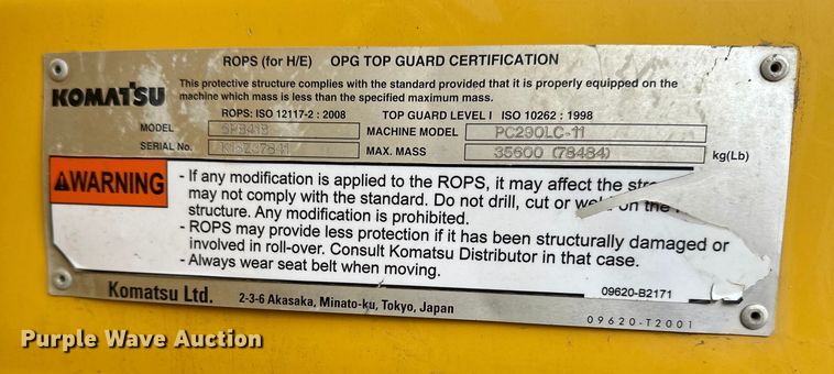 image for item DV0764 2019 Komatsu PC290LC-11 excavator
