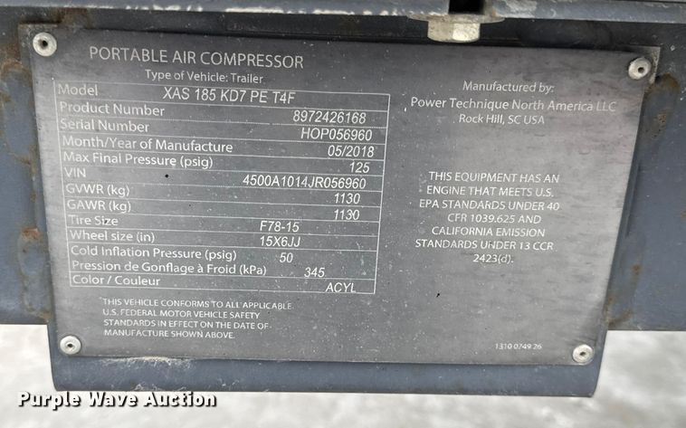 image for item DW6689 2018 Atlas Copco XAS 185 KD7 PE T4F air compressor