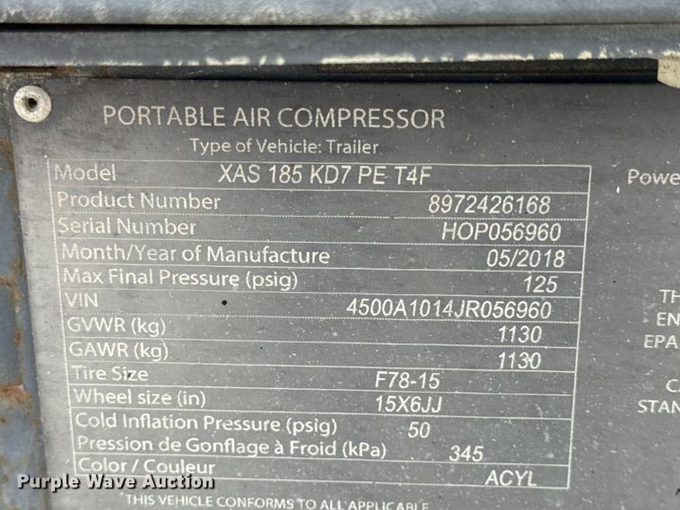 image for item DW6689 2018 Atlas Copco XAS 185 KD7 PE T4F air compressor