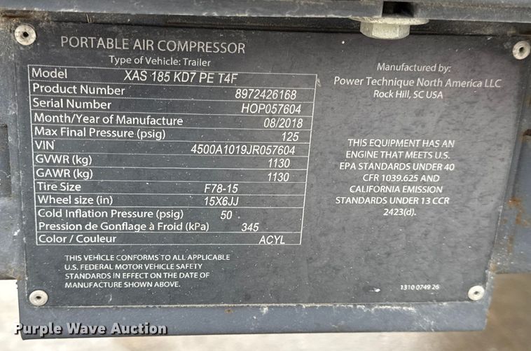 image for item DW6690 2018 Atlas Copco XAS 185 KD7 PE T4F air compressor
