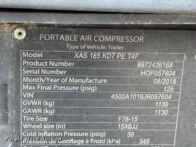 image for item DW6690 2018 Atlas Copco XAS 185 KD7 PE T4F air compressor