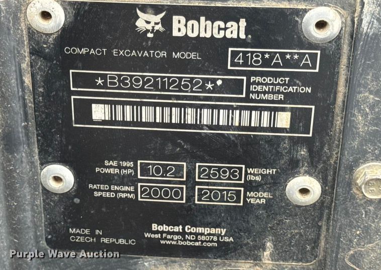 image for item DW6691 2015 Bobcat 418 mini excavator
