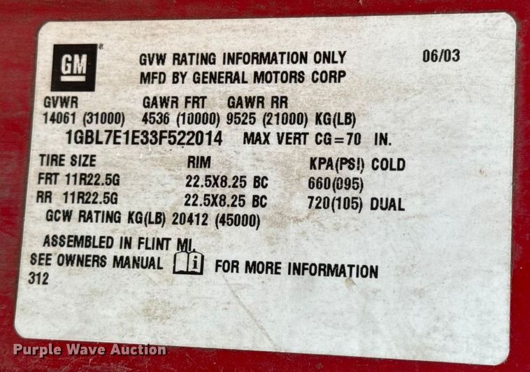 image for item DW6728 2003 Chevrolet C7500 dump truck