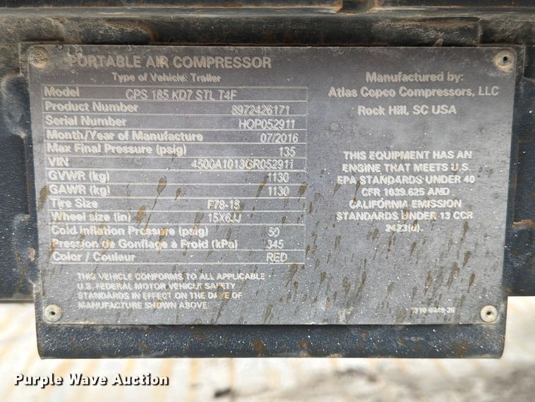 image for item DX5917 2016 Atlas Copco CPS 185 air compressor