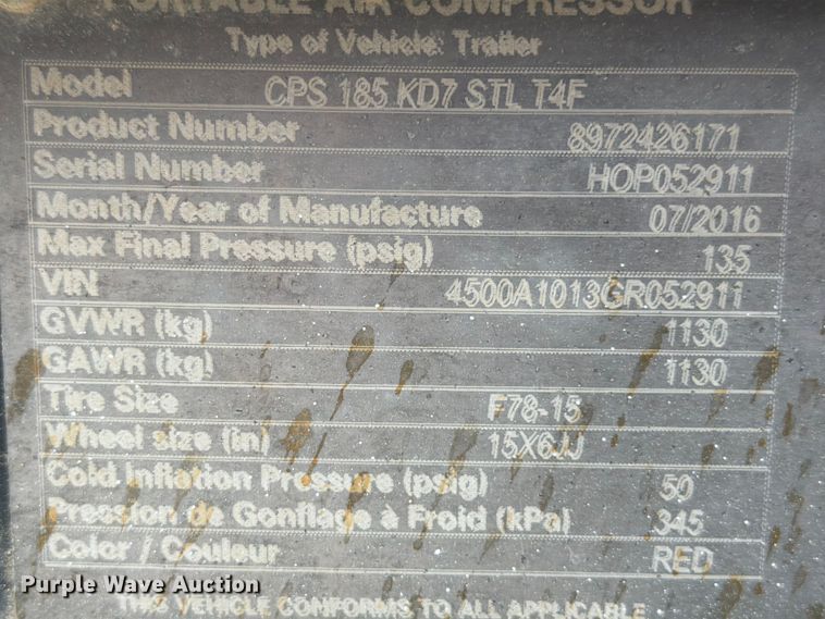 image for item DX5917 2016 Atlas Copco CPS 185 air compressor