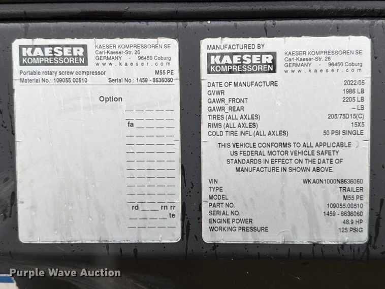 image for item DX5919 2022 Kaeser M55 PE air compressor