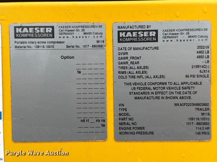 image for item DX5920 2022 Kaeser M118 air compressor