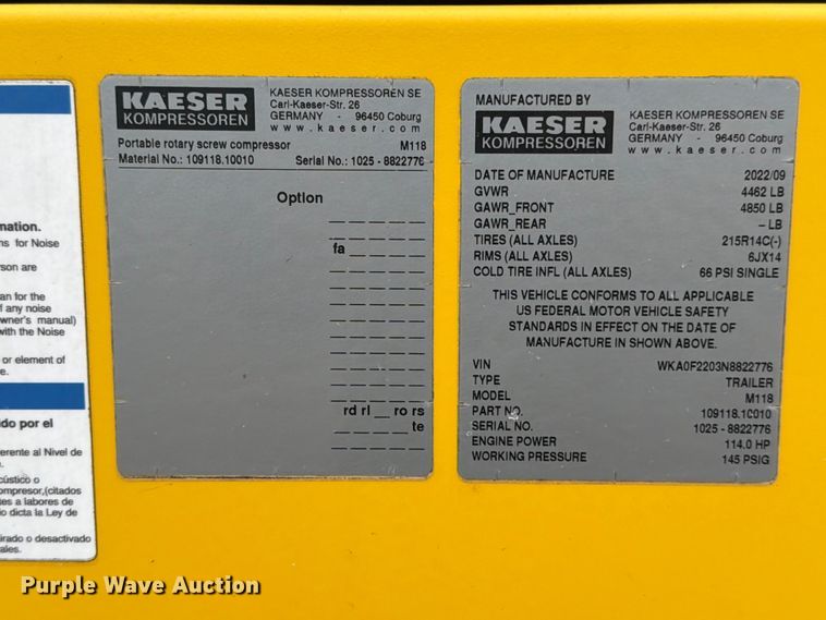 image for item DX5922 2022 Kaeser M118 air compressor
