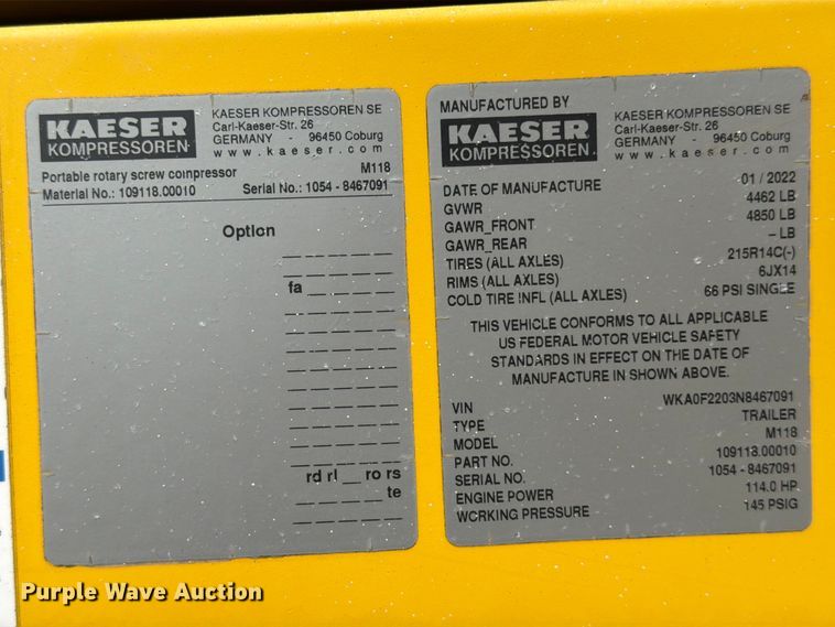 image for item DX5923 2022 Kaeser M118 air compressor