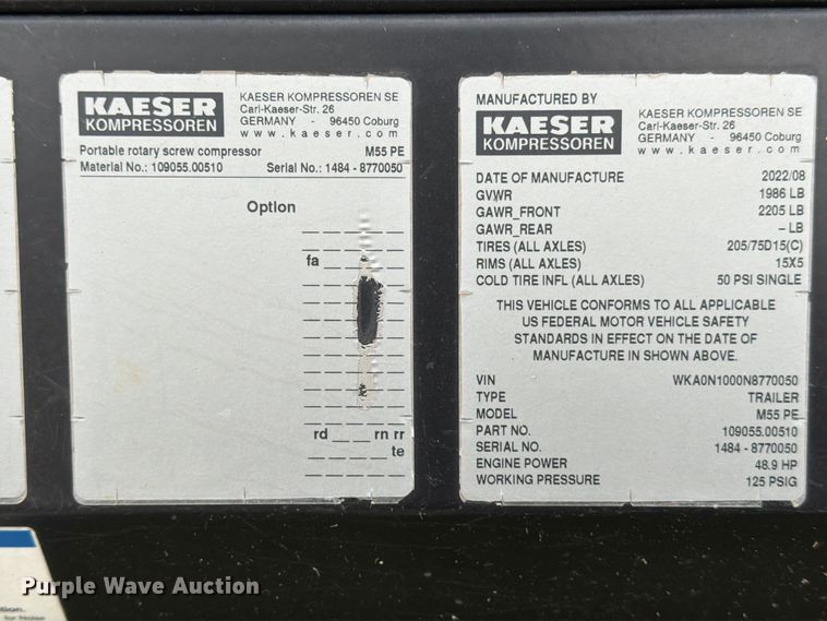 image for item DX5924 2022 Kaeser M55 air compressor
