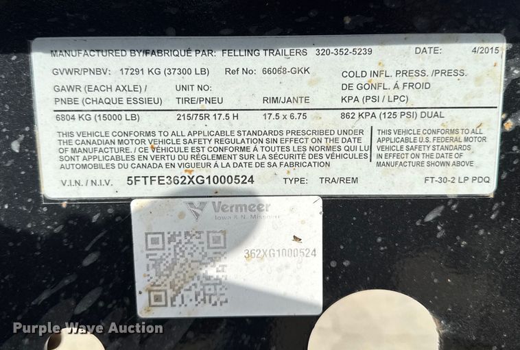 image for item EA2073 2015 Felling FT-30-2 LP equipment trailer