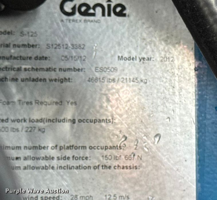 image for item EA2182 2012 Genie S-125 boom lift