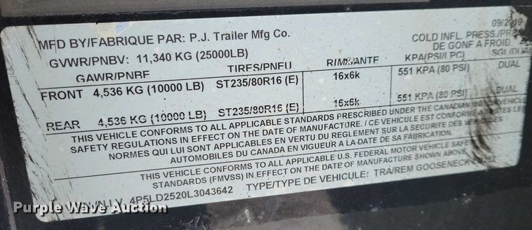 image for item EA2778 2020 PJ LD252 equipment trailer