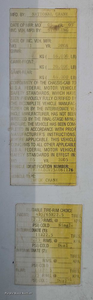 image for item EB8455 2005 Sterling Truck L9500 Series crane truck