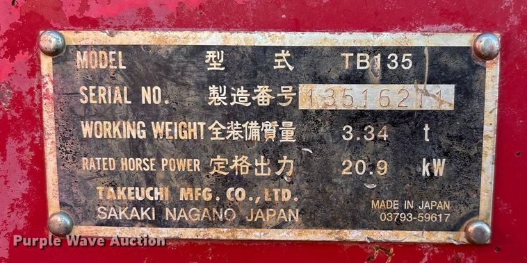 image for item ED2438 2005 Takeuchi TB135 mini excavator