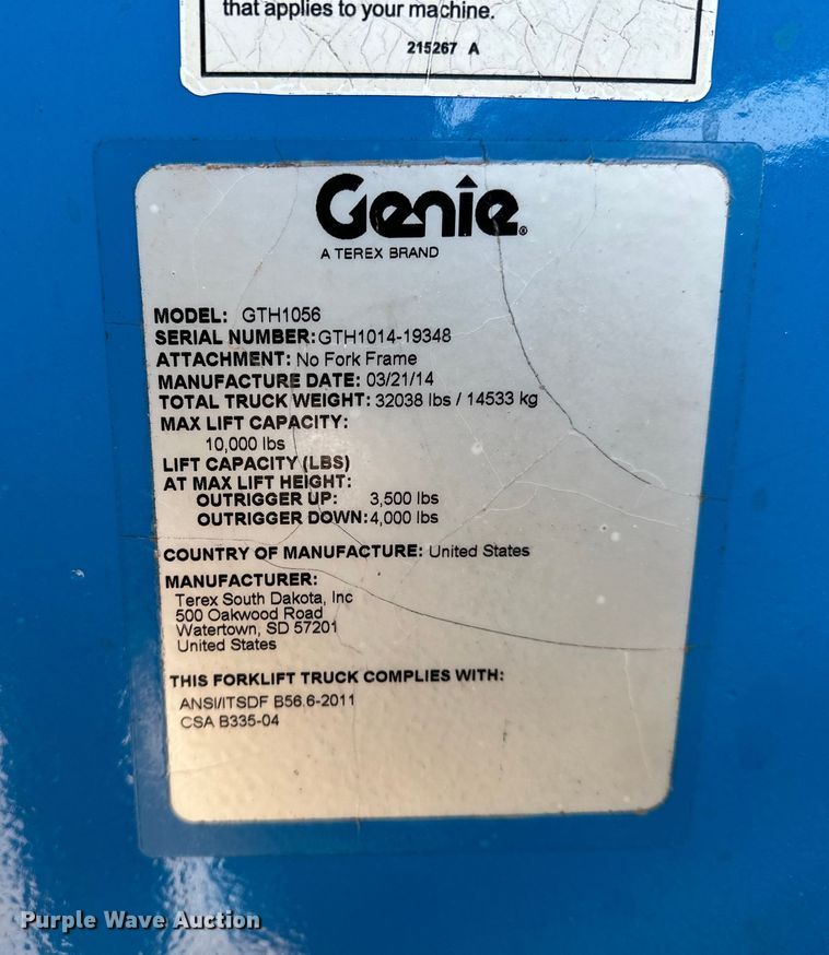 image for item EE4455 2014 Genie GTH-1056 telehandler